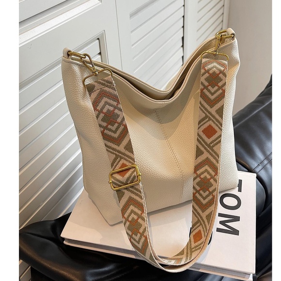 Luxe Beige Vegan Leather Guitar Strap Hobo Crossbody Bag - Picture 2 of 6